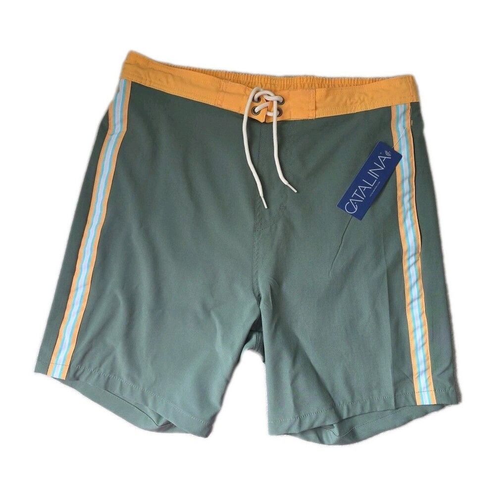Catalina Men’s Swim Trunks Small Full Elastic Waist with Built-In Brief Green/Ye